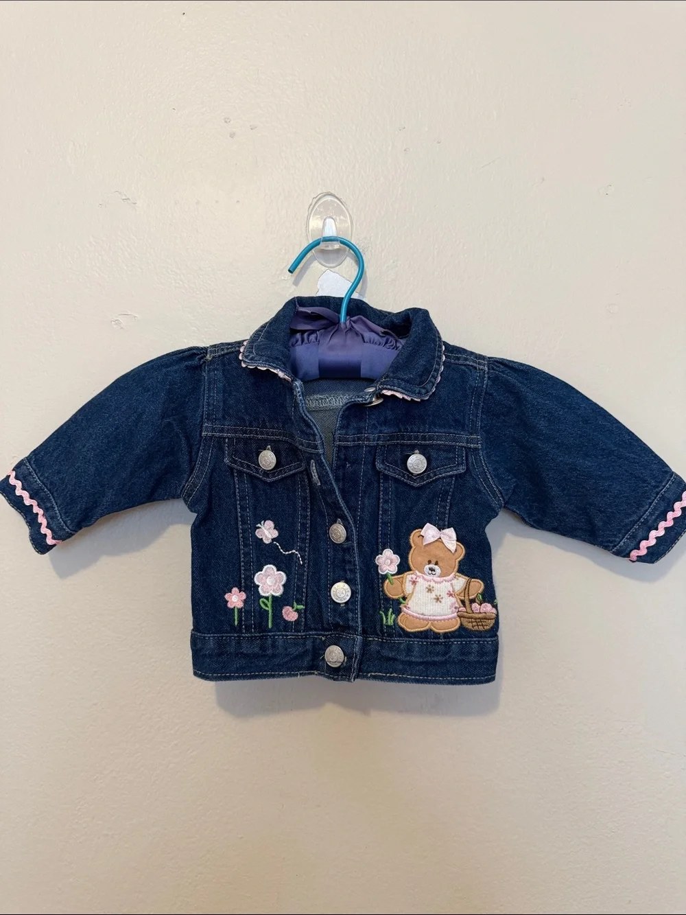 Kids Dark Blue Denim Jacket with Bear & Floral Embroidery